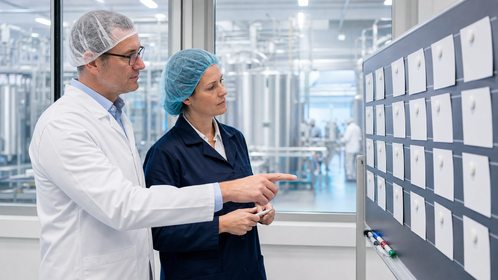 Productieleiding bespreekt personeelsplanning in een moderne voedselverwerkende fabriek