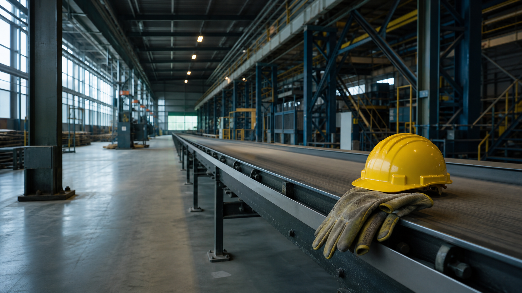 Stilgevallen productieopdracht met werkhelm en handschoenen in een fabriekshal