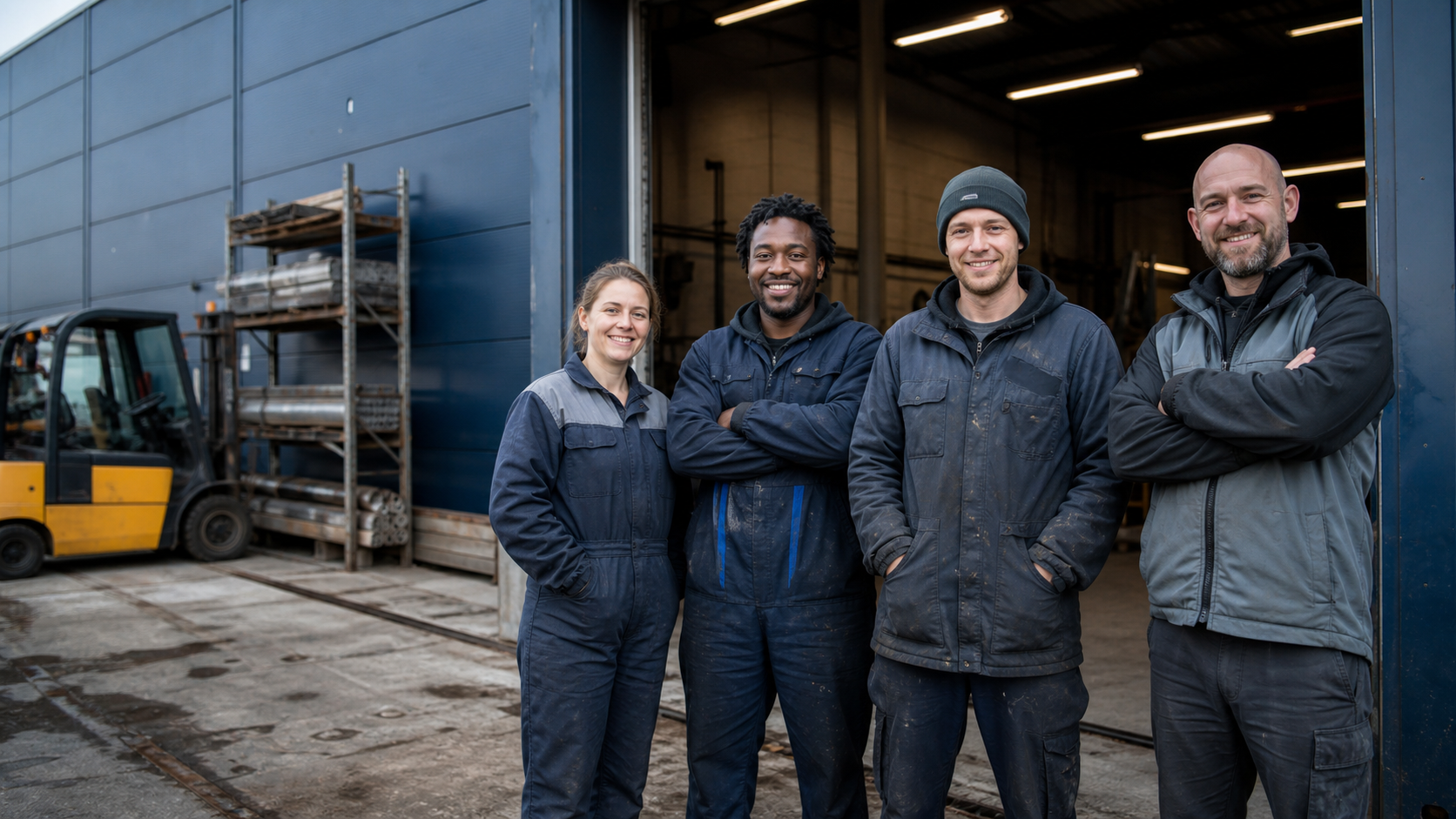 Diverse groep kandidaten in praktische werkkleding bij een werkplaats