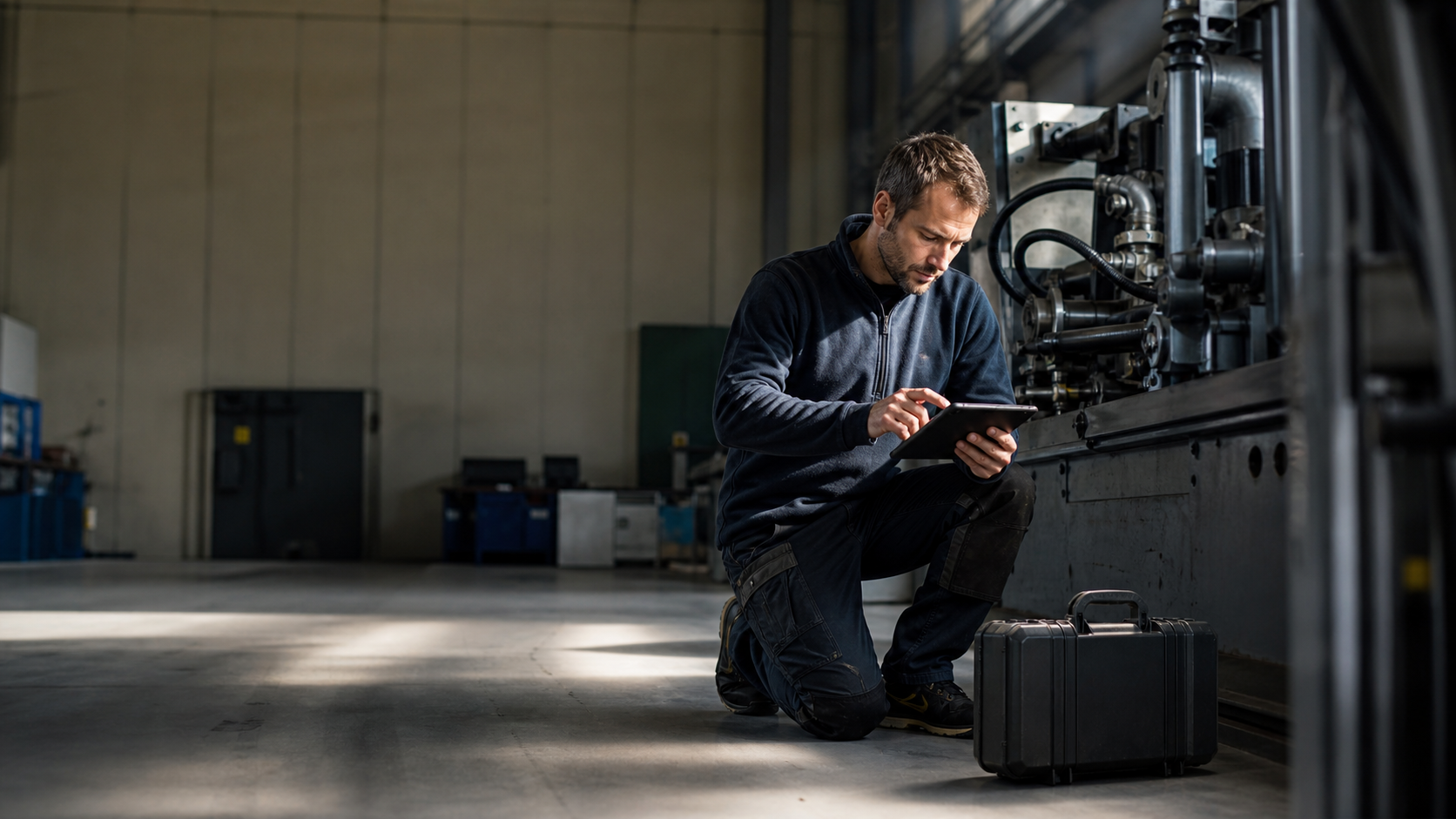 Zelfstandige technicus met gereedschap en tablet op een industriële werkplek