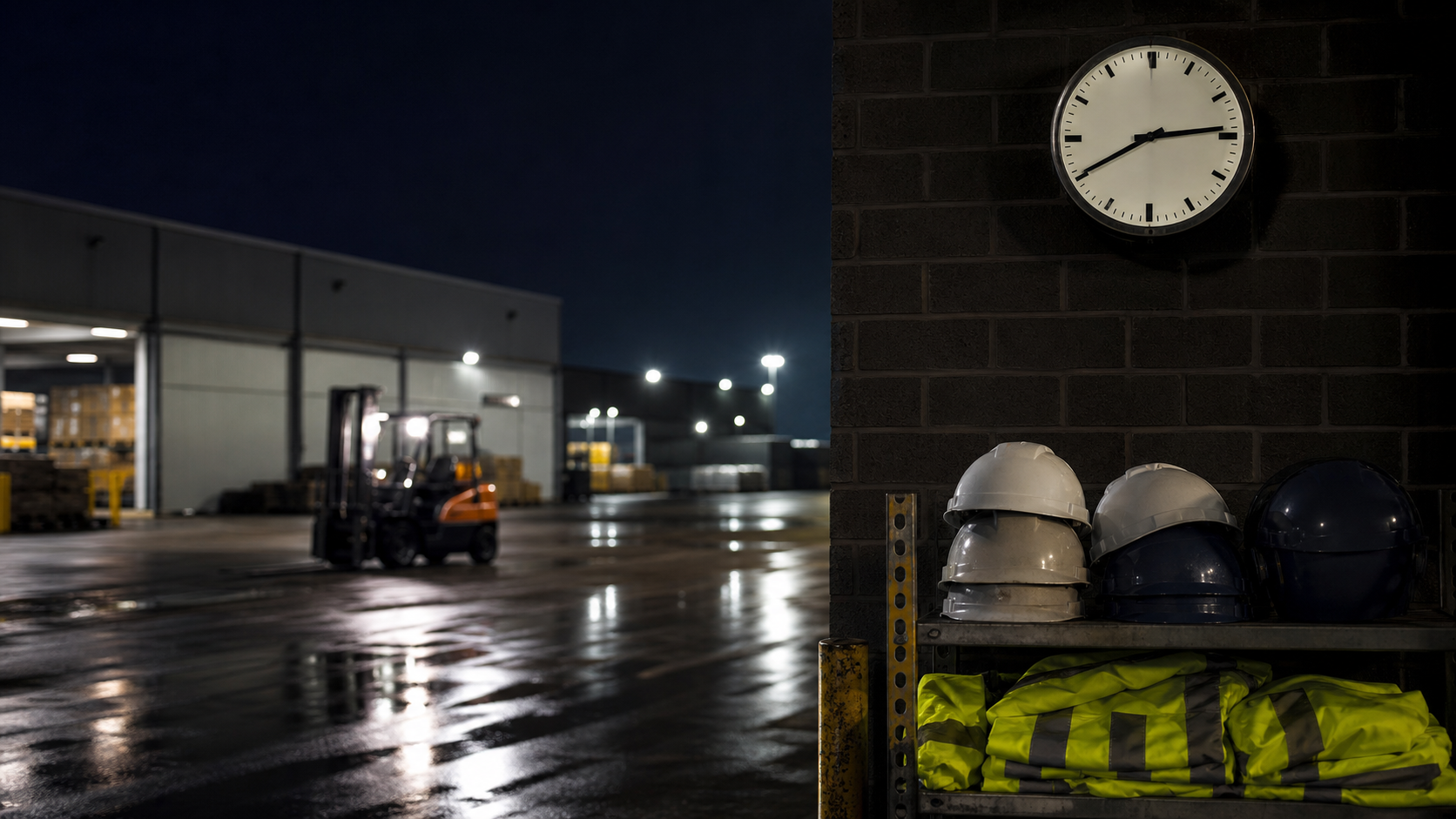 Nachtelijke werkplek met klok en veiligheidsuitrusting voor controle van arbeidstijden